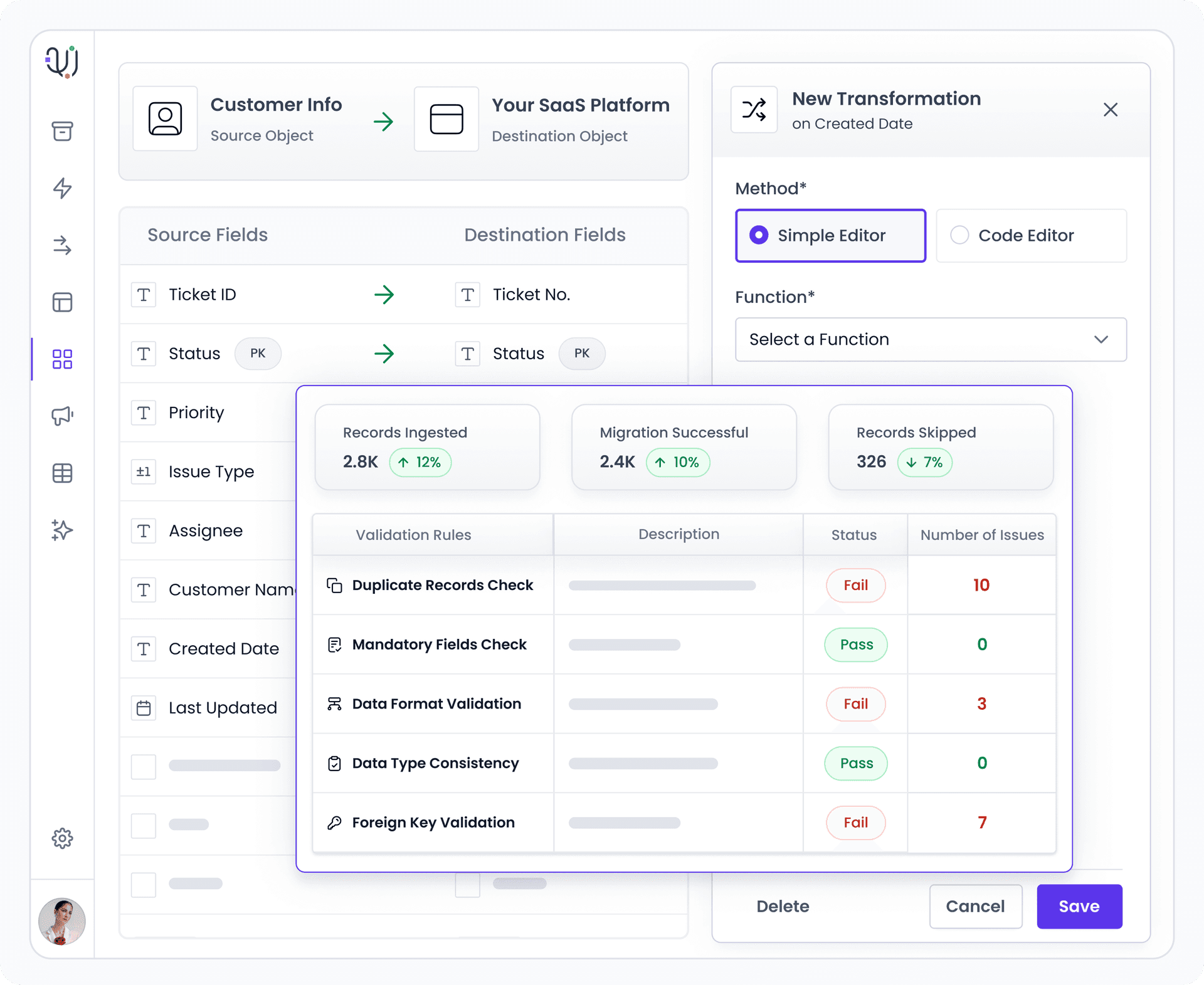 Field mapping and data transformation with automated validation checks