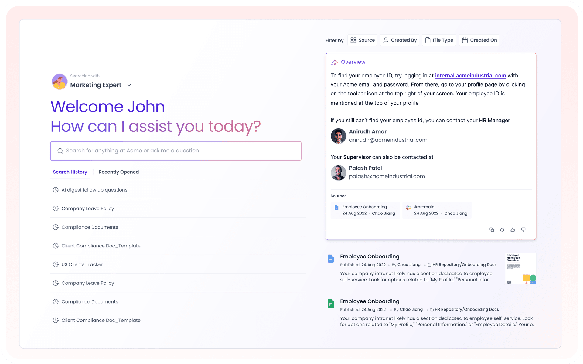 Leverage your organization's knowledge to access documents, information and insights with AI-powered search.