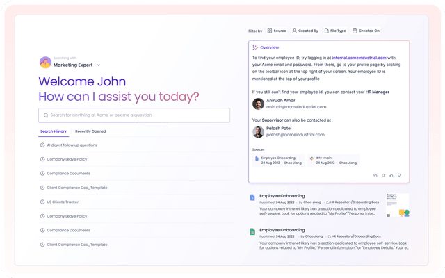 Leverage your organization's knowledge to access documents, information and insights with AI-powered search.
