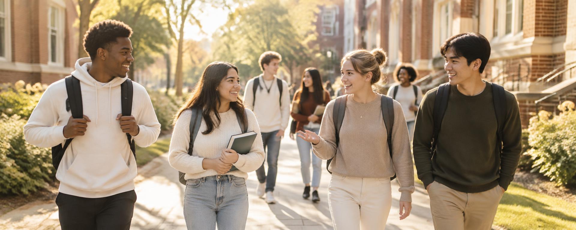 Students walking across a university campus